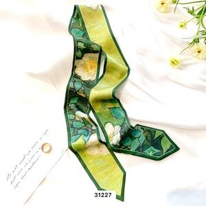 Floral Green Silk Skinny Scarf